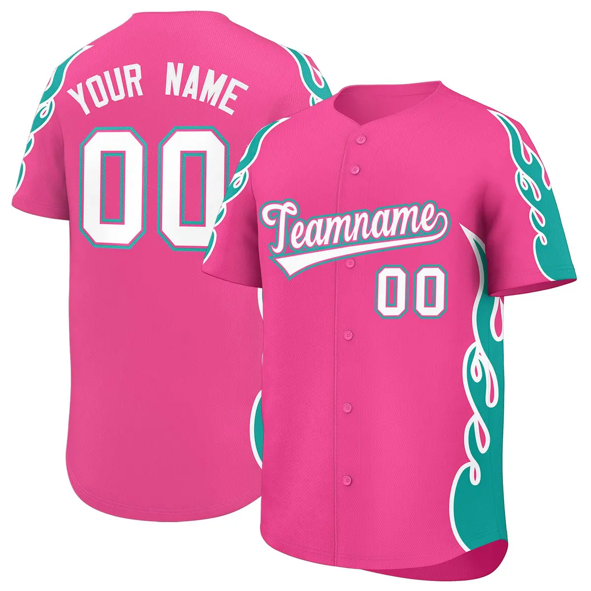 Pink Aqua Flame Outline Side Pattern Baseball Jersey
