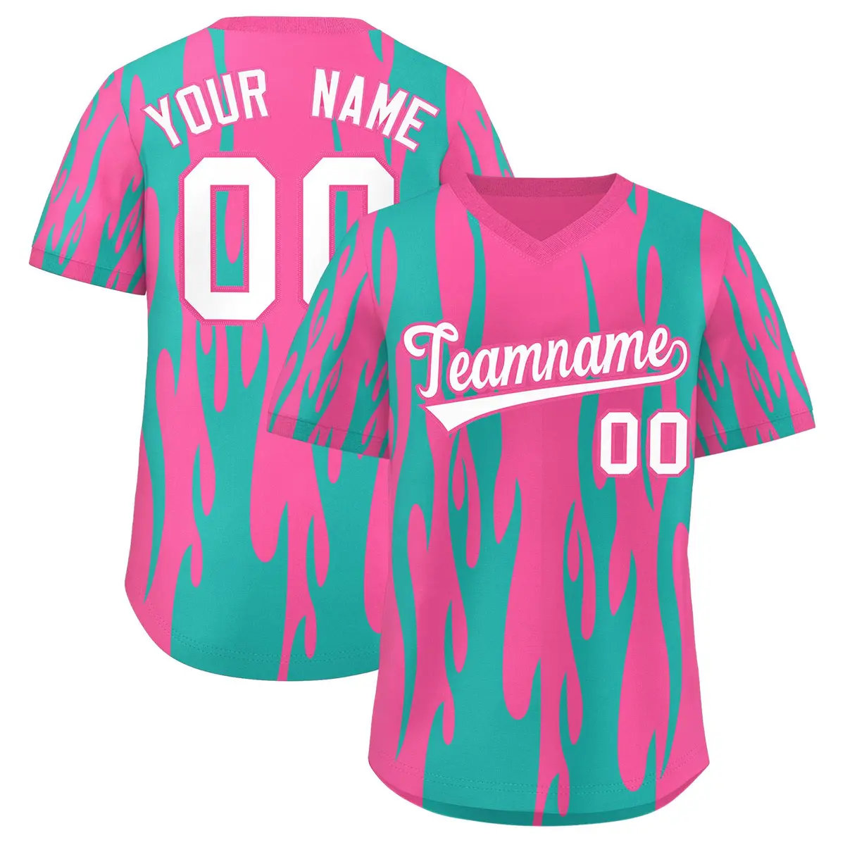 Pink Aqua Flame Pattern Authentic Pullover Baseball Jersey