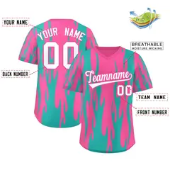 Pink Aqua Flame Pattern Authentic Pullover Baseball Jersey 2