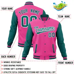Pink Aqua Full-Snap Raglan Varsity Letterman Baseball Jacket 4