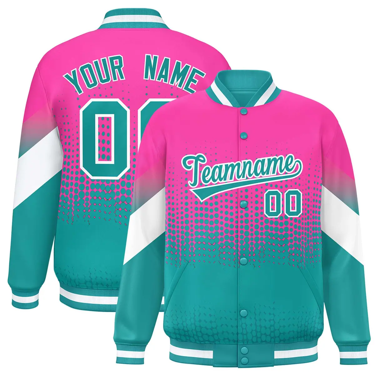 Pink Aqua Gradient Polka Dot Varsity Full-Snap Letterman Baseball Jacket