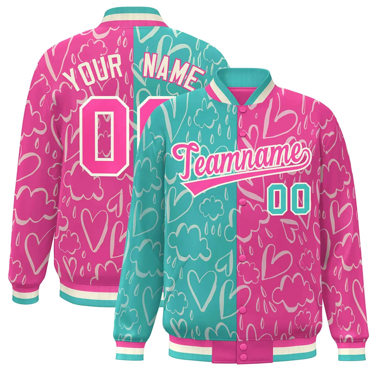 Pink Aqua Graffiti Pattern Split Letterman Bomber Baseball Jacket