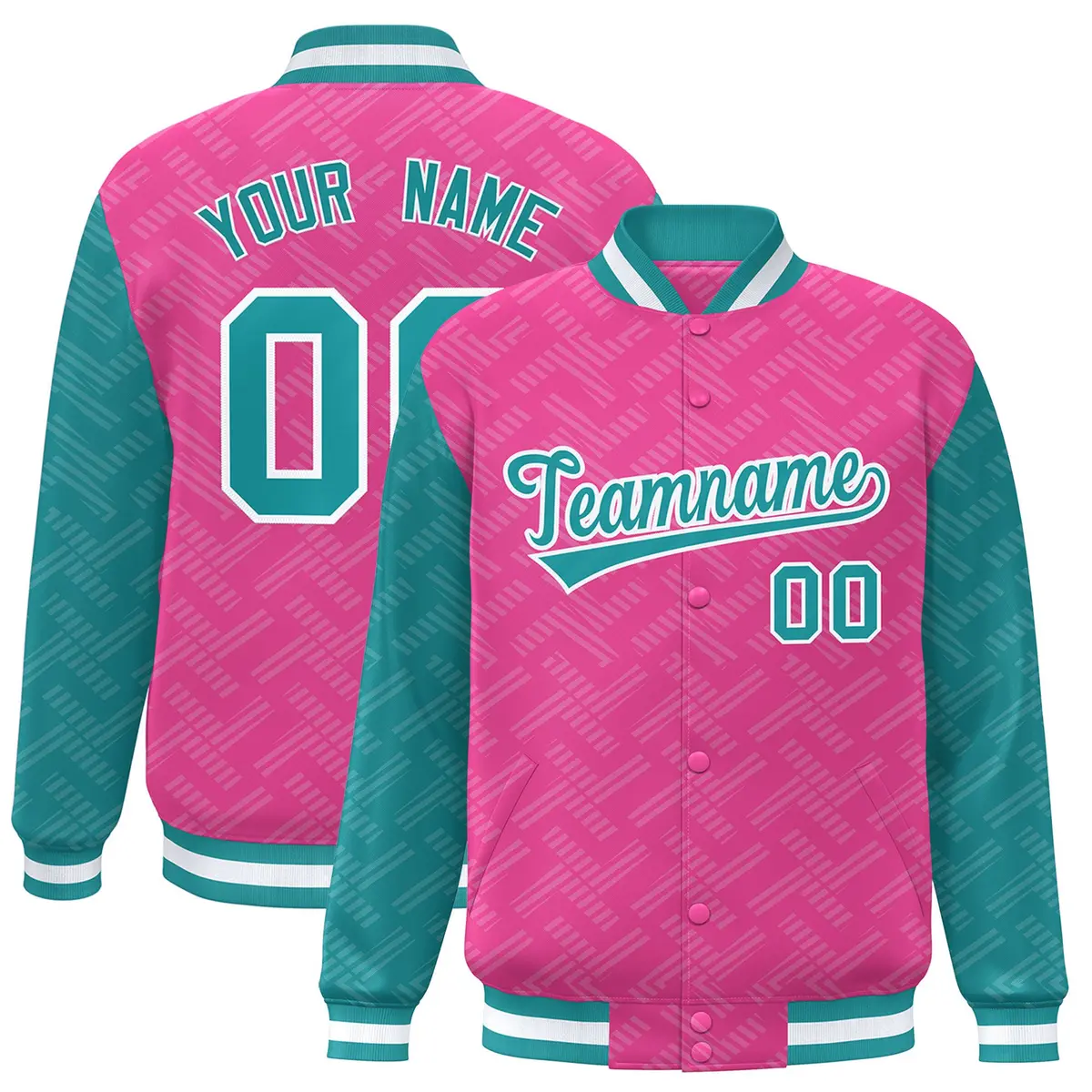 Pink Aqua L Pattern Raglan Full-Snap Varsity Letterman Jacket