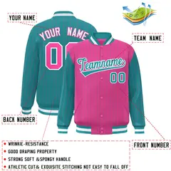 Pink Aqua Pinstripe Raglan Varsity Full-Snap Letterman Baseball Jacket 2