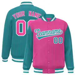 Pink Aqua Pinstripe Raglan Varsity Full-Snap Letterman Baseball Jacket 1