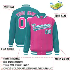 Pink Aqua Pinstripe Raglan Varsity Full-Snap Letterman Baseball Jacket 2