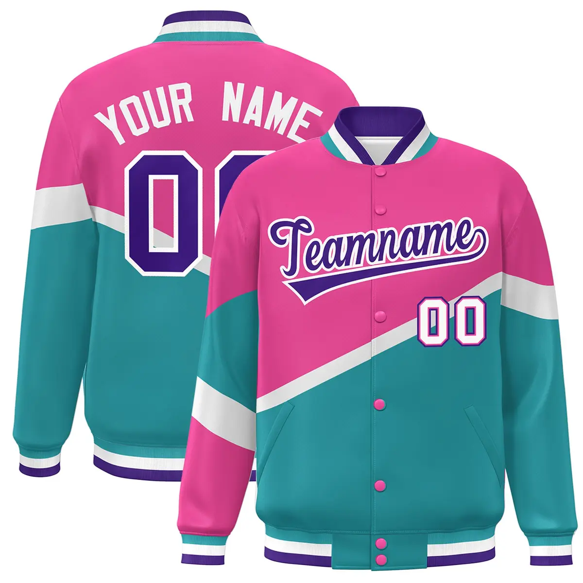 Pink Aqua Purple-White Color Block Varsity Baseball Jacket