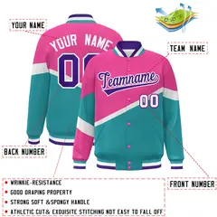 Pink Aqua Purple-White Color Block Varsity Baseball Jacket 2