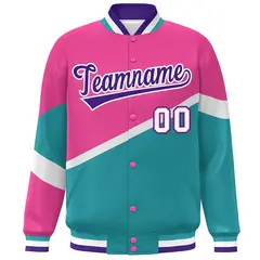 Pink Aqua Purple-White Color Block Varsity Baseball Jacket 3