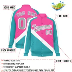 Pink Aqua Raglan Sleeves Varsity Full-Snap Letterman Jacket 2