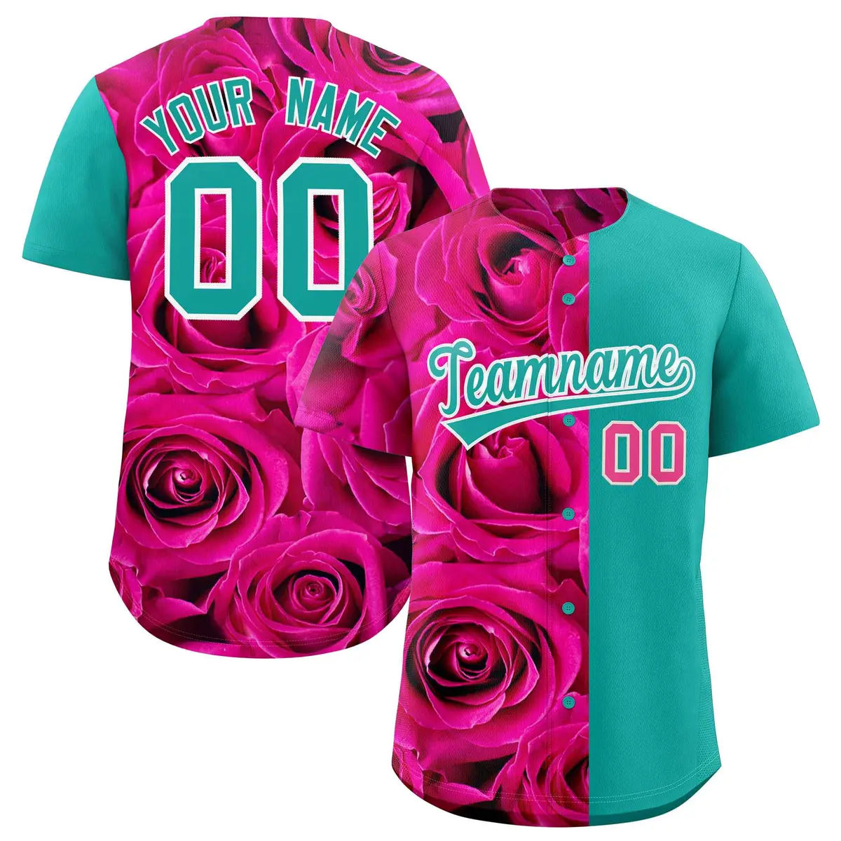 Pink Aqua Rose Print Split Baseball Jersey