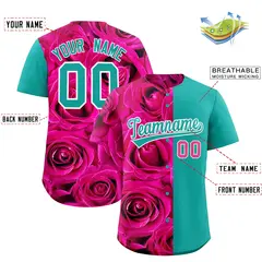 Pink Aqua Rose Print Split Baseball Jersey 2