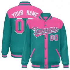 Pink Aqua Varsity Baseball Color Block Bomber Jacket