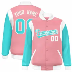 Pink Aqua-White Color Block Varsity Baseball Jacket