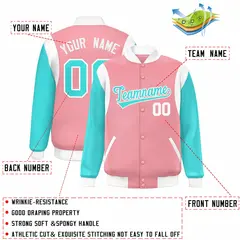 Pink Aqua-White Color Block Varsity Baseball Jacket 2