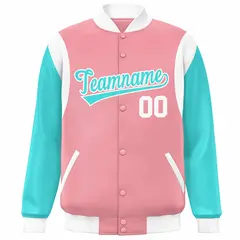 Pink Aqua-White Color Block Varsity Baseball Jacket 3