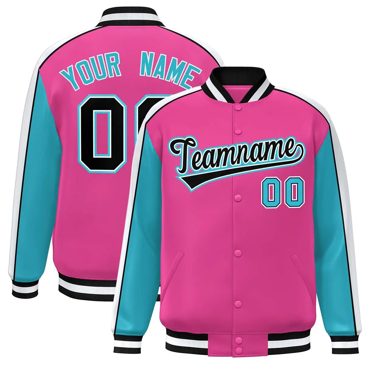 Pink Aqua-White Color Block Varsity Baseball Jacket