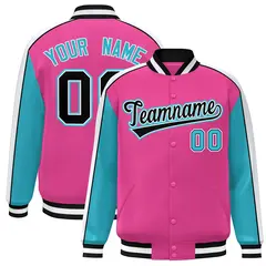 Pink Aqua-White Color Block Varsity Baseball Jacket