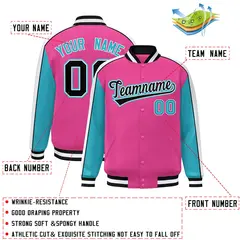 Pink Aqua-White Color Block Varsity Baseball Jacket 2