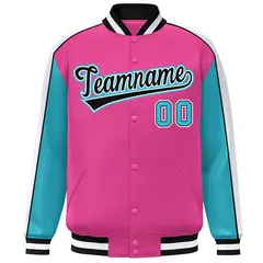 Pink Aqua-White Color Block Varsity Baseball Jacket 3