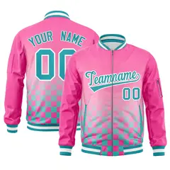 Pink Aqua-White Grid Color Block Letterman Bomber Jacket 1