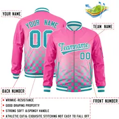 Pink Aqua-White Grid Color Block Letterman Bomber Jacket 2