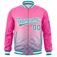Pink Aqua-White Grid Color Block Letterman Bomber Jacket 3
