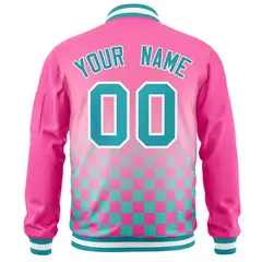 Pink Aqua-White Grid Color Block Letterman Bomber Jacket 4