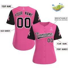 Women's Pink Black Breast Cancer Awareness Pink Ribbon Baseball Jersey 2