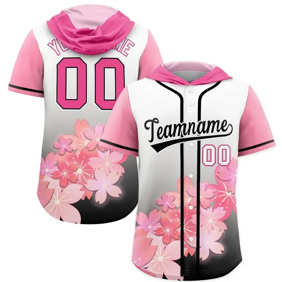 Pink Black Cherry Blossoms Raglan Hooded Baseball Jersey