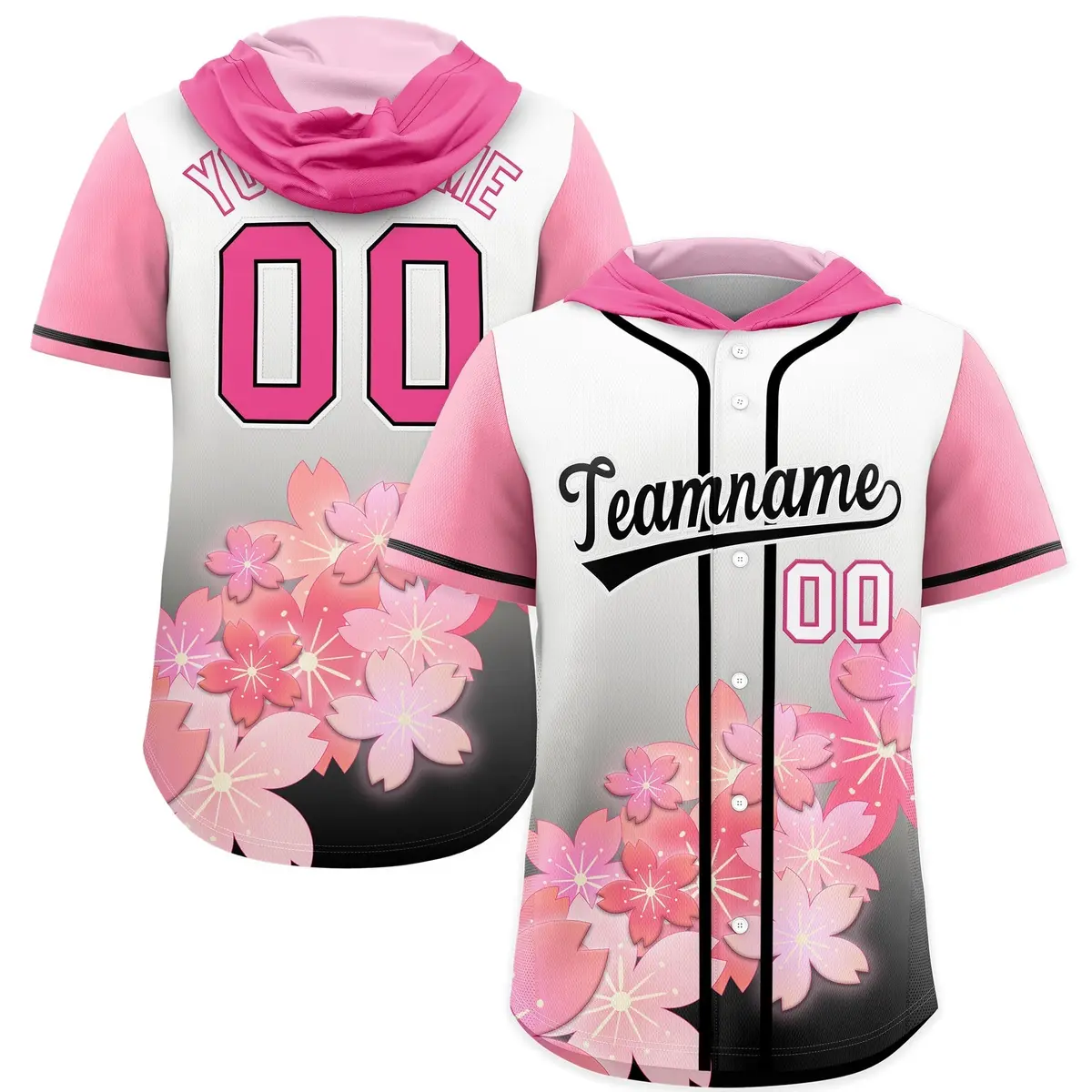 Pink Black Cherry Blossoms Raglan Hooded Baseball Jersey