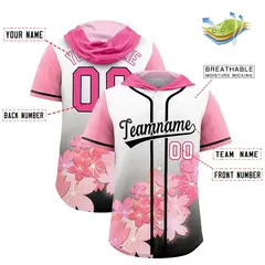 Pink Black Cherry Blossoms Raglan Hooded Baseball Jersey 2