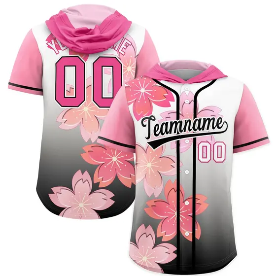 Pink Black Cherry Blossoms Raglan Hooded Baseball Jersey