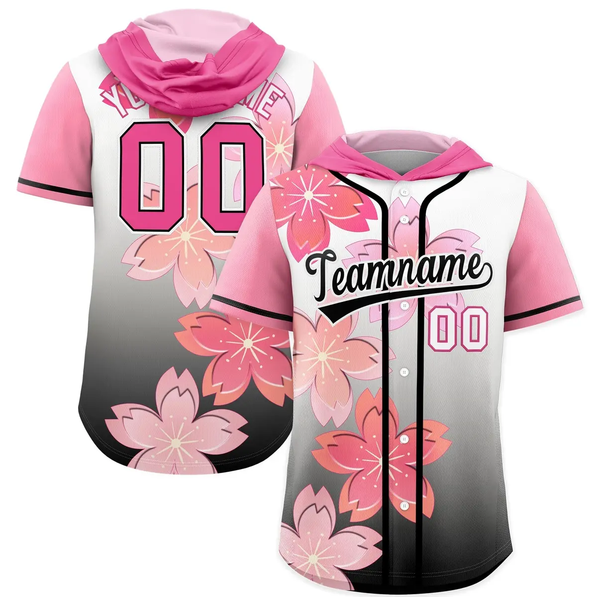 Pink Black Cherry Blossoms Raglan Hooded Baseball Jersey