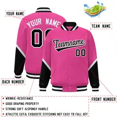 Pink Black Color Block Full-Snap Varsity Letterman Baseball Jacket 2
