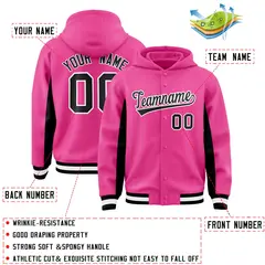Pink Black Color Block Full-Snap Varsity Letterman Jacket Hoodie 4