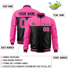 Pink Black Color Block Full-Zip Varsity Letterman Bomber Jacket 2