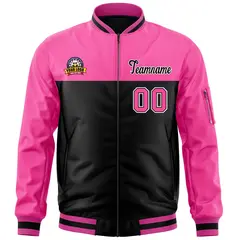 Pink Black Color Block Full-Zip Varsity Letterman Bomber Jacket 3