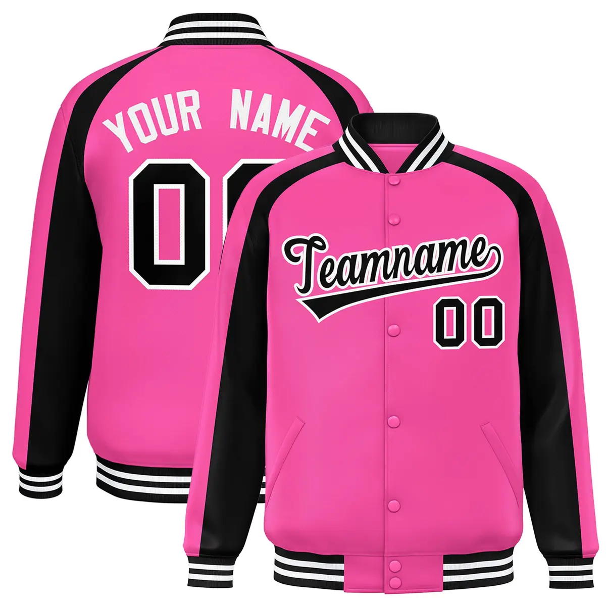 Pink Black Color Block Raglan Full-Snap Varsity Letterman Jacket