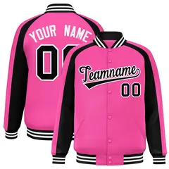 Pink Black Color Block Raglan Full-Snap Varsity Letterman Jacket 1