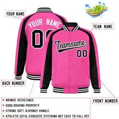 Pink Black Color Block Raglan Full-Snap Varsity Letterman Jacket 2