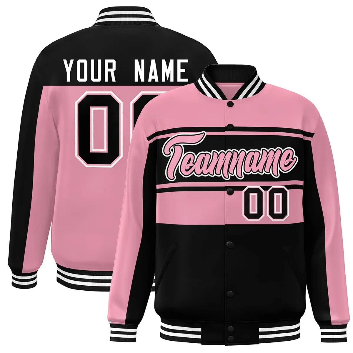 Pink Black Color Block Varsity Full-Snap Bomber Jacket
