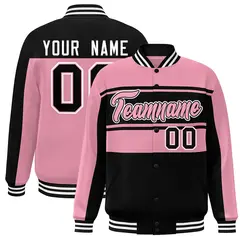 Pink Black Color Block Varsity Full-Snap Bomber Jacket