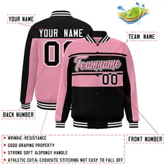 Pink Black Color Block Varsity Full-Snap Bomber Jacket 2