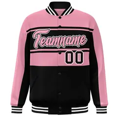 Pink Black Color Block Varsity Full-Snap Bomber Jacket 3
