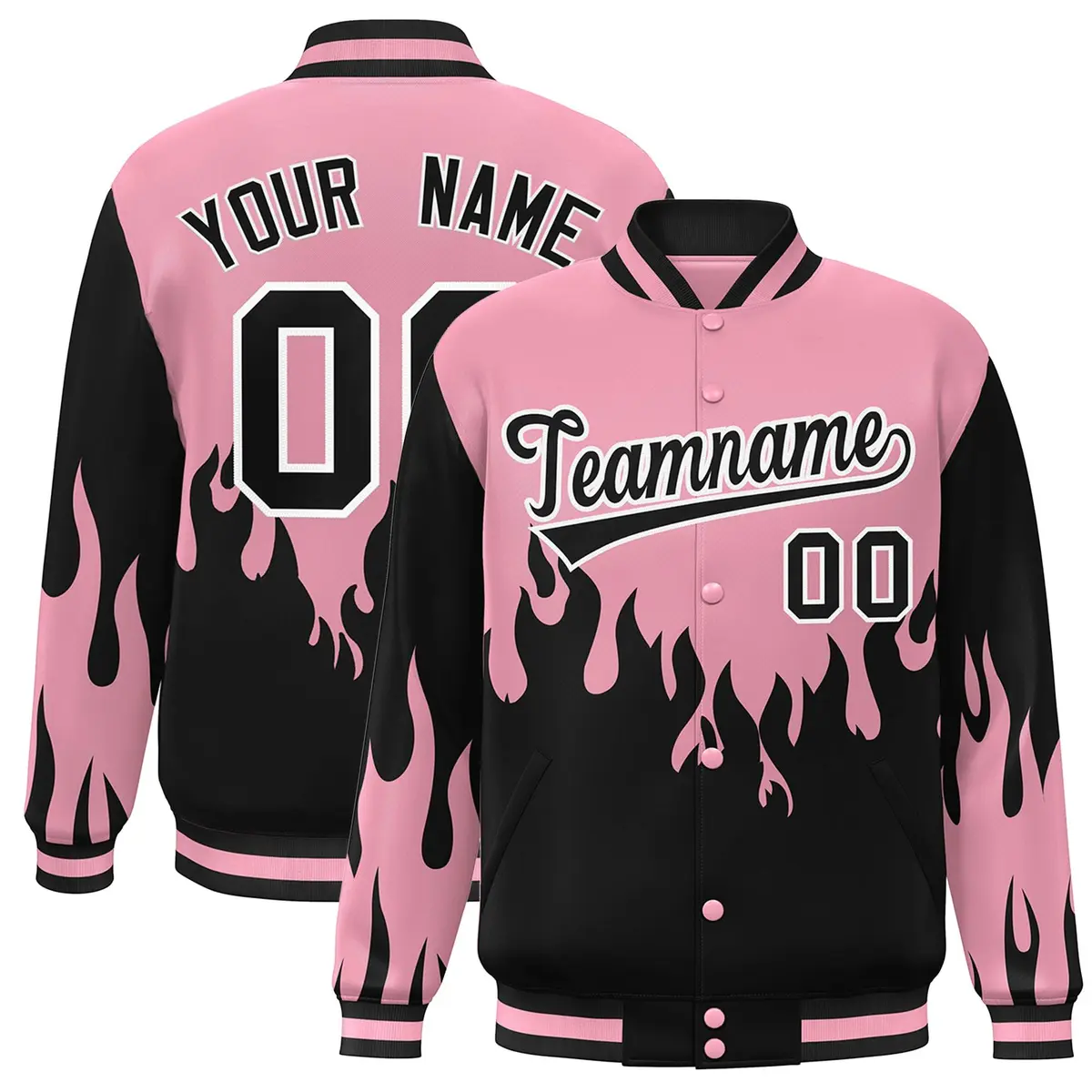 Pink Black Flame Graffiti Varsity Full-Snap Bomber Jacket