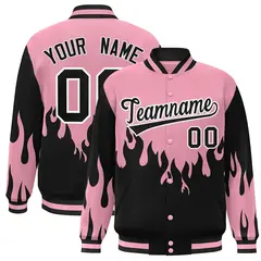 Pink Black Flame Graffiti Varsity Full-Snap Bomber Jacket