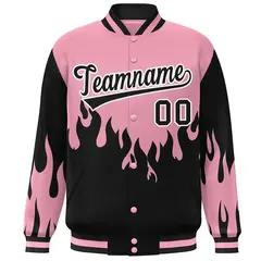 Pink Black Flame Graffiti Varsity Full-Snap Bomber Jacket 3