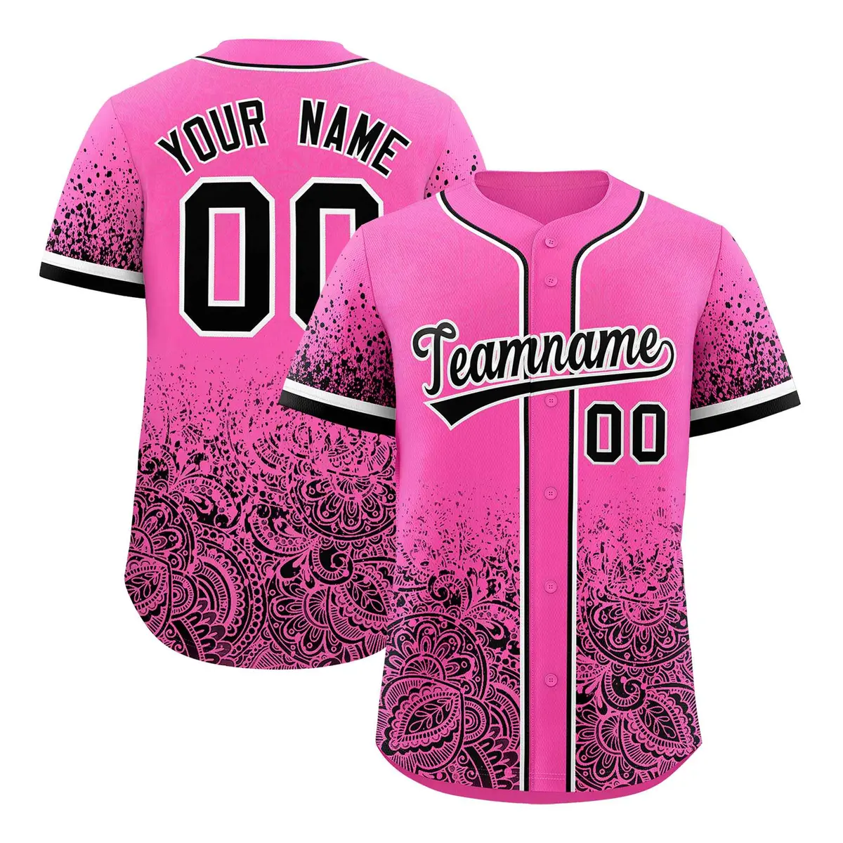Pink Black Floral Gradient Full Button Baseball Jersey