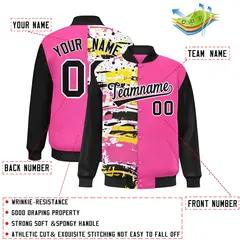Pink Black Graffiti Pattern Varsity Full-Snap Letterman Baseball Jacket 2